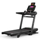 Black motorized treadmill with digital console displaying purple screen and tablet holder, featuring red accents on belt, on 