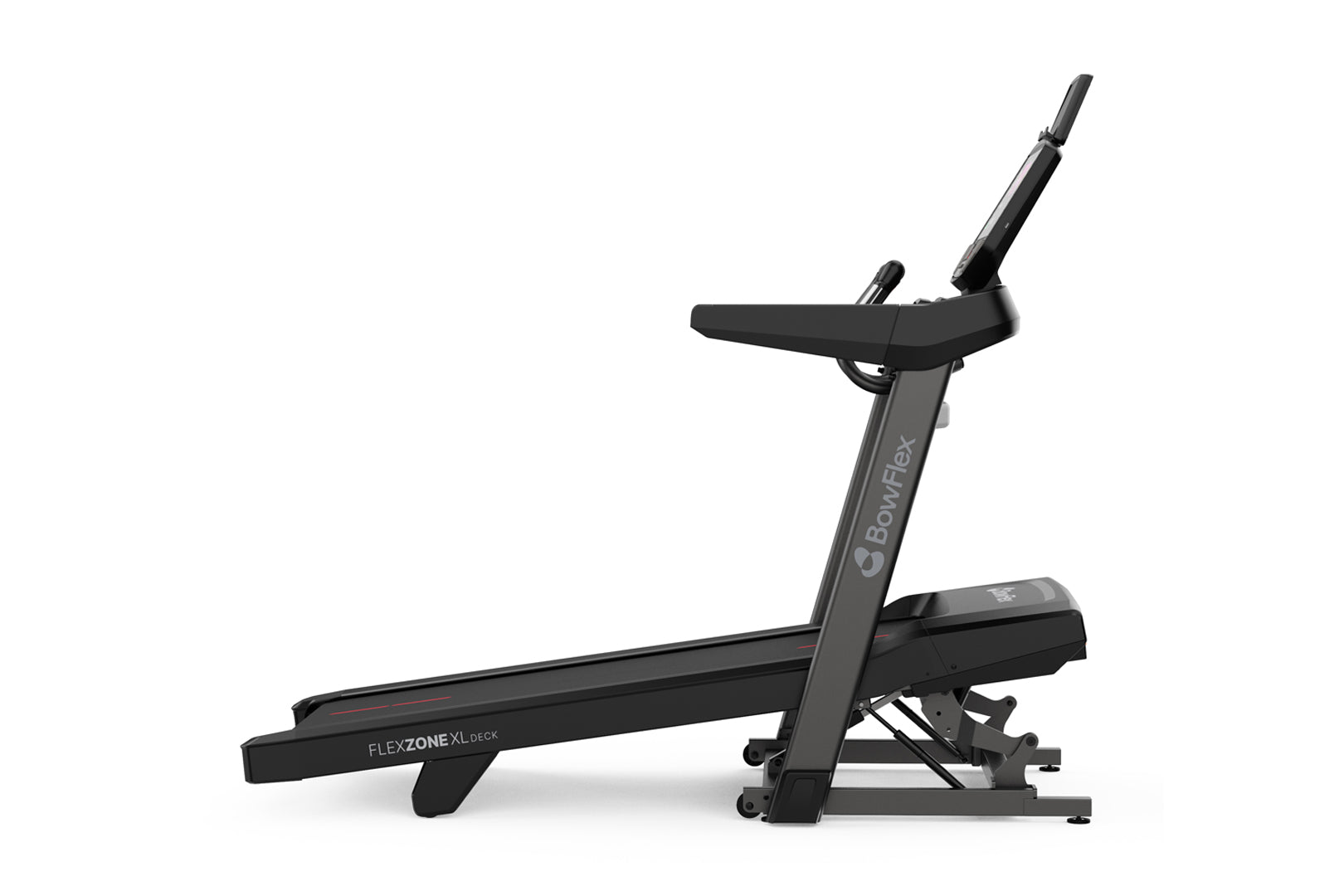 Black Bowflex T16 treadmill with FlexZone XL deck, upright console, and dual handrails on white background