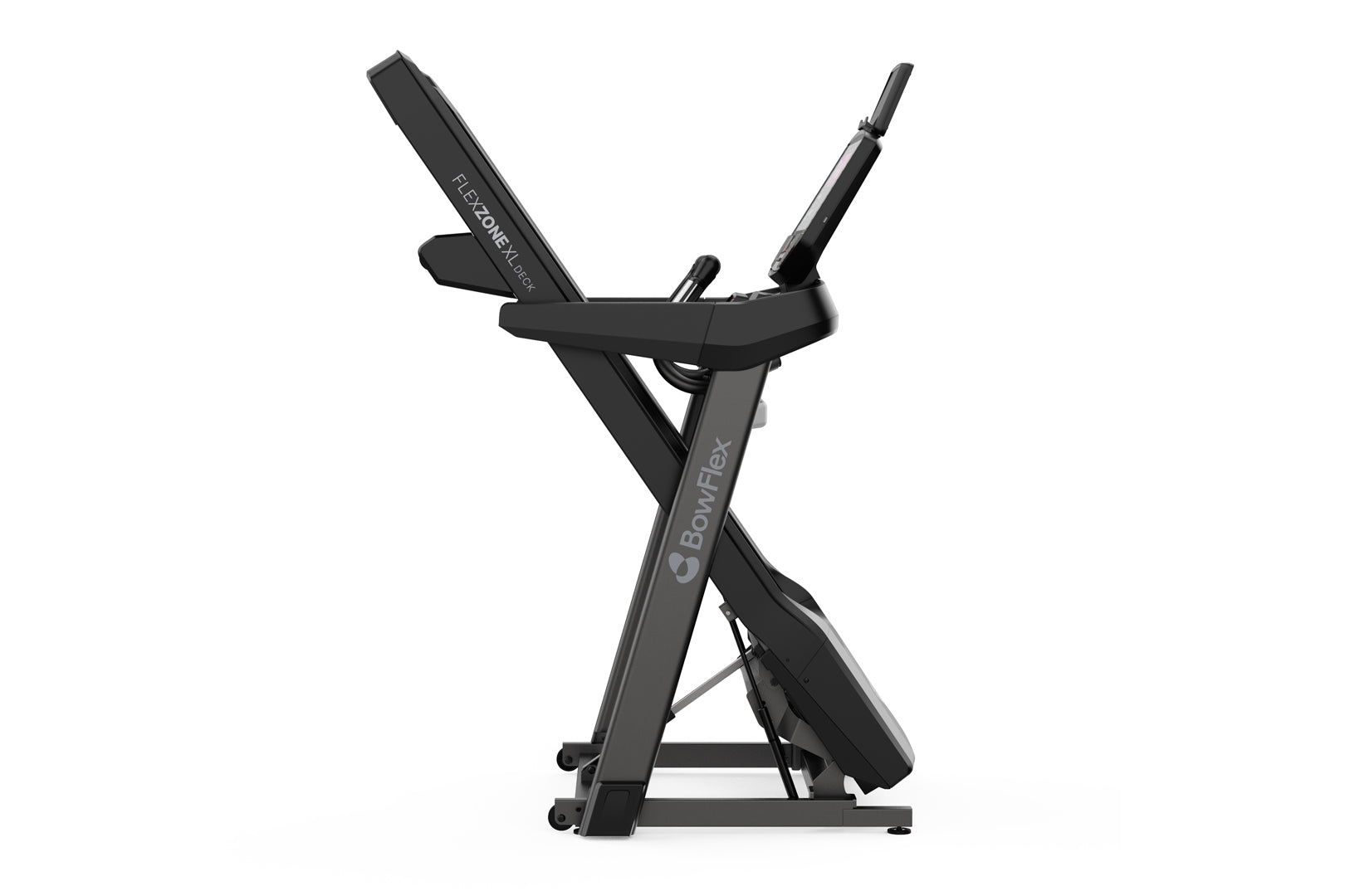 Black BowFlex T16 treadmill with dual display screens, cushioned running deck, and folding frame on white background
