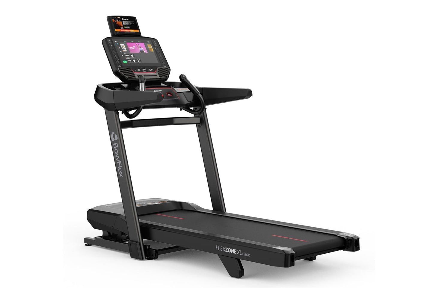 Black Bowflex T16 treadmill with digital touchscreen console, handrails, and FlexZone XL deck on white background