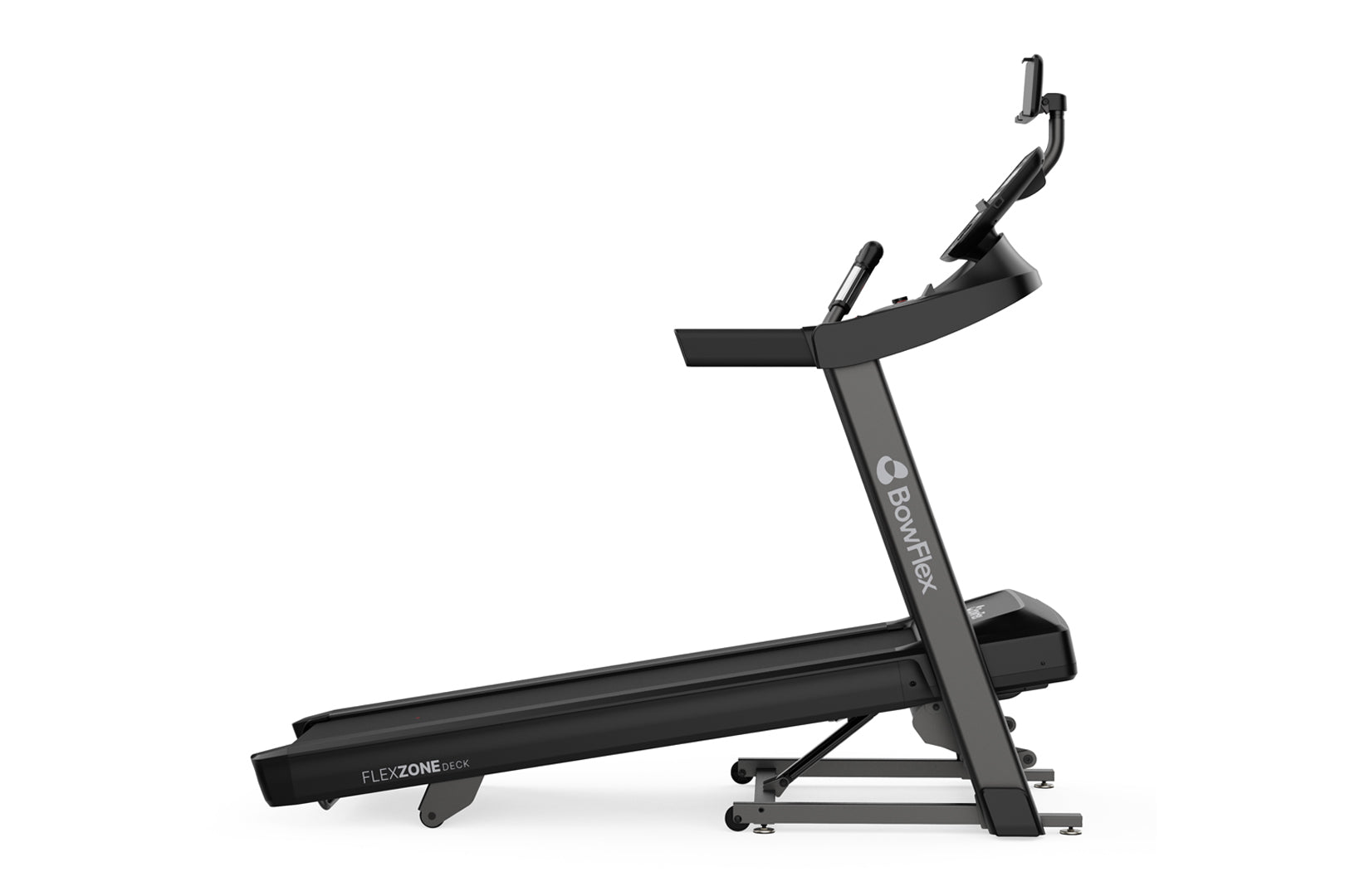 Black BowFlex T6 treadmill with curved running deck, upright handlebar with device holder, and FlexZone Deck technology on wh