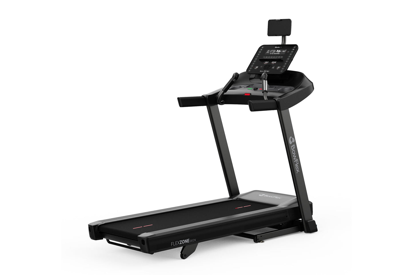 Bowflex T6 black treadmill with digital console and tablet holder mounted on frame, on white background