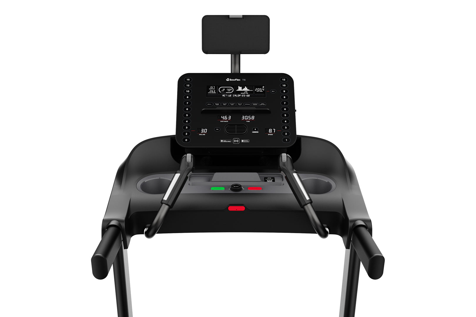 Black BowFlex T6 treadmill with digital display console, tablet holder, and red and green control buttons on white background