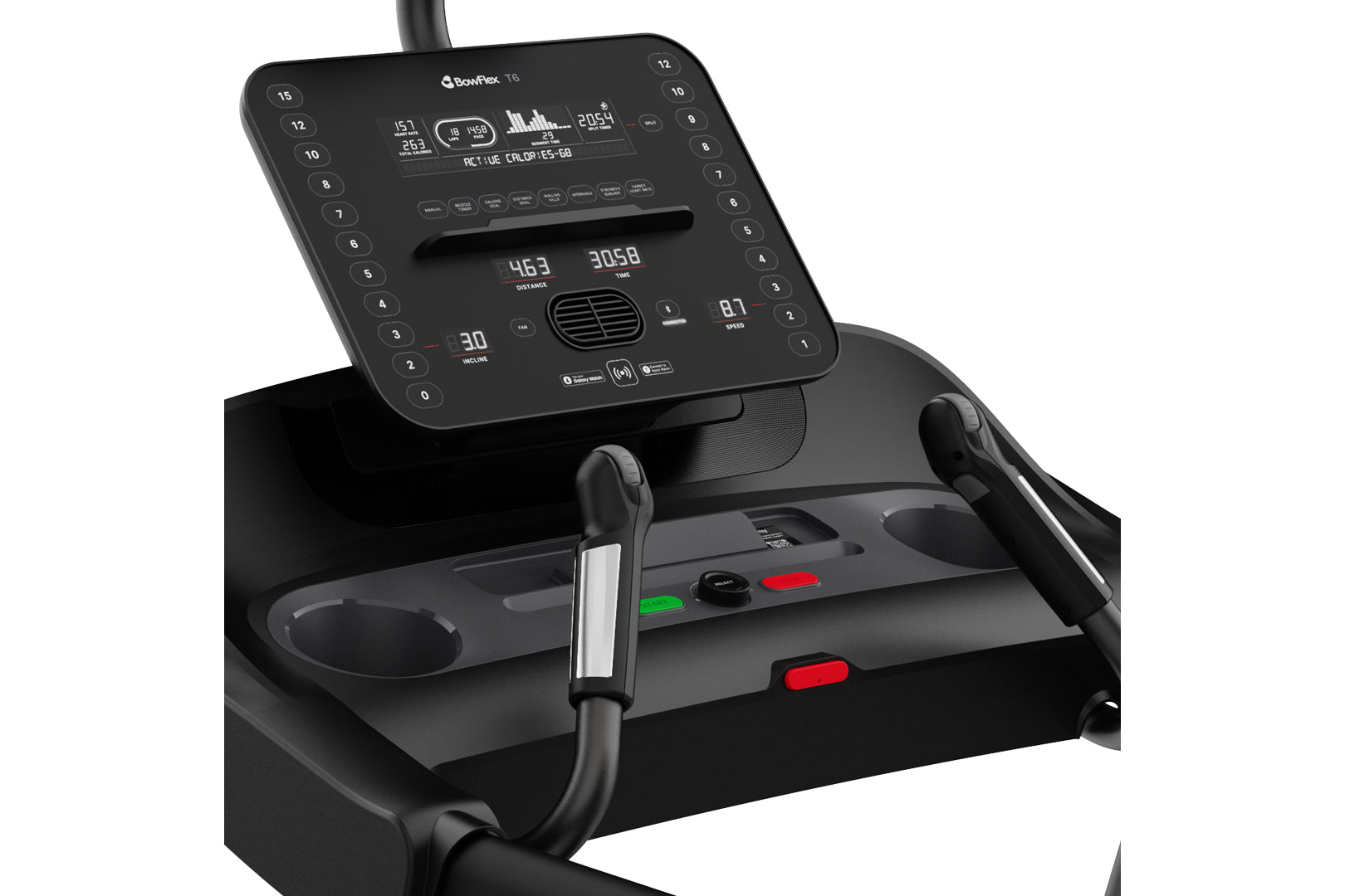 BowFlex T6 black treadmill with digital console display, numbered keypad buttons, red stop buttons, and cup holder on white b
