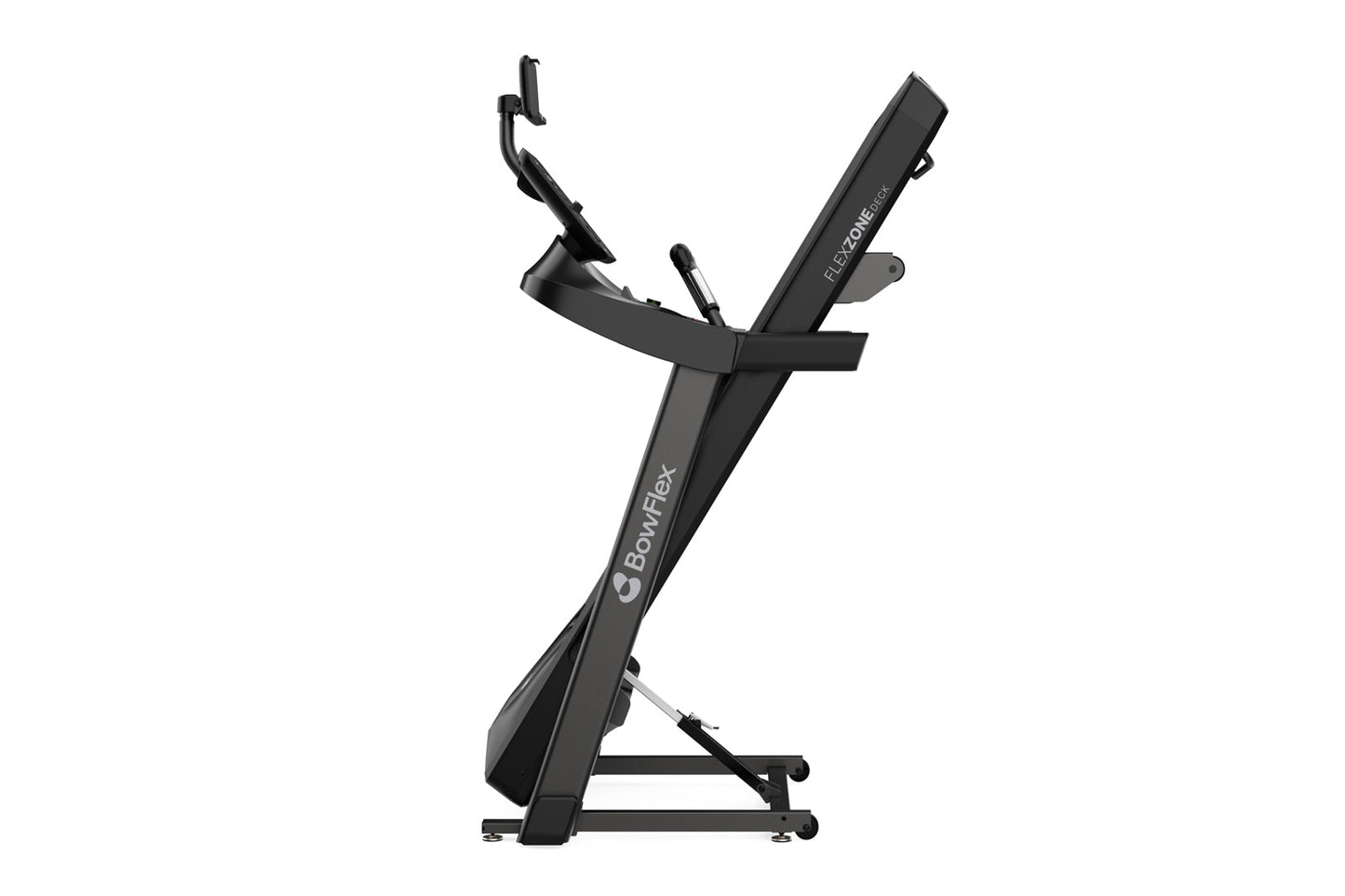 Black BowFlex T6 treadmill with incline capability and tablet holder, displayed at an angle on white background