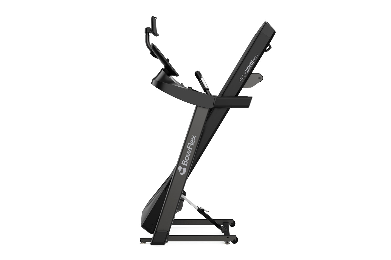 Black BowFlex T6 treadmill with incline capability and tablet holder, displayed at an angle on white background