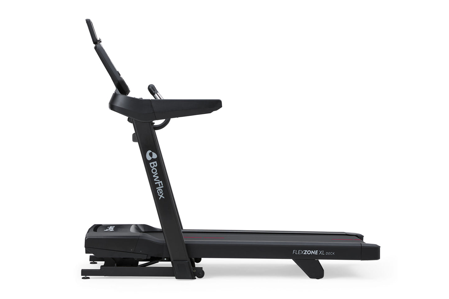 Black Bowflex T9 treadmill with upright digital display console and extended running deck on white background