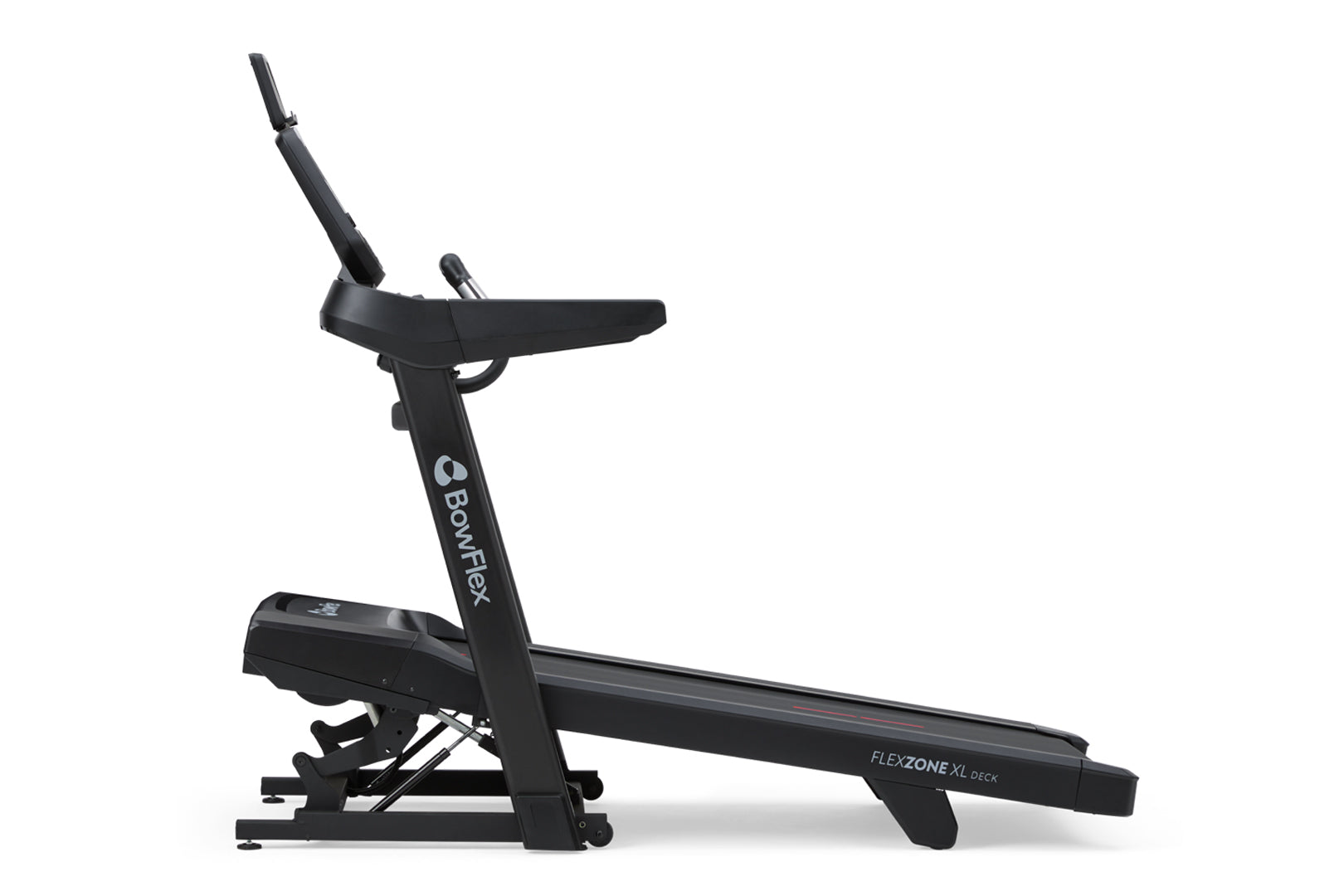 Black BowFlex T9 treadmill with upright console, handlebar, and Flexzone XL deck on white background