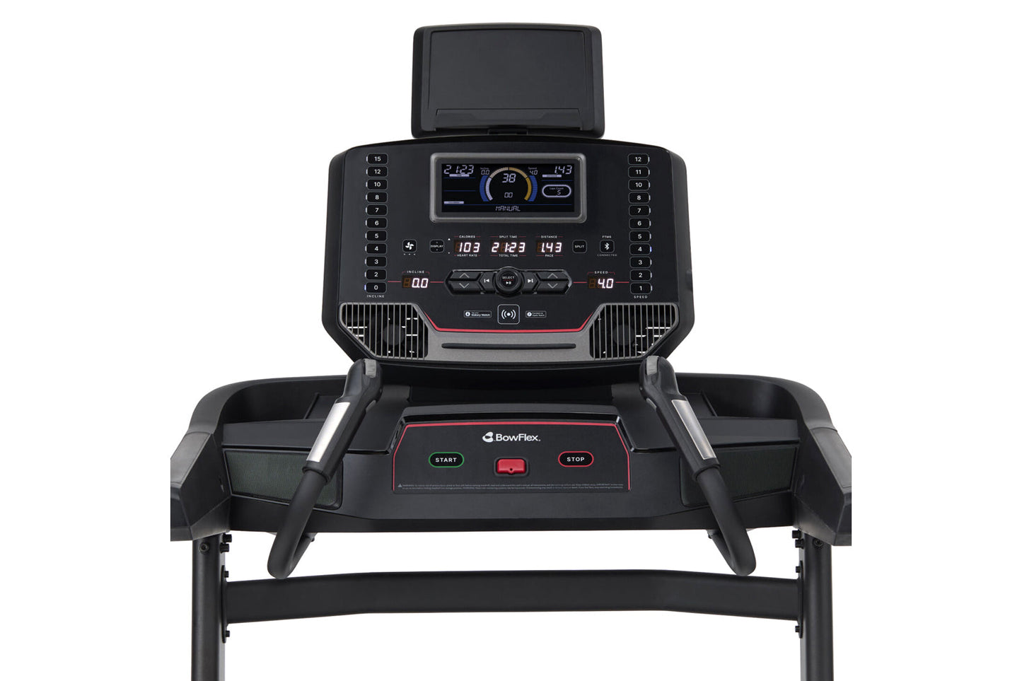 BowFlex T9 black treadmill with digital display console, numbered buttons, start and stop controls, on white background
