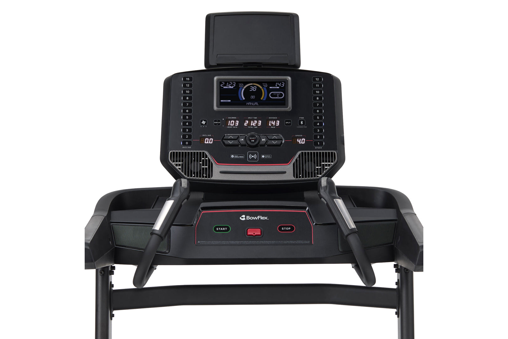 BowFlex T9 black treadmill with digital display console, numbered buttons, start and stop controls, on white background