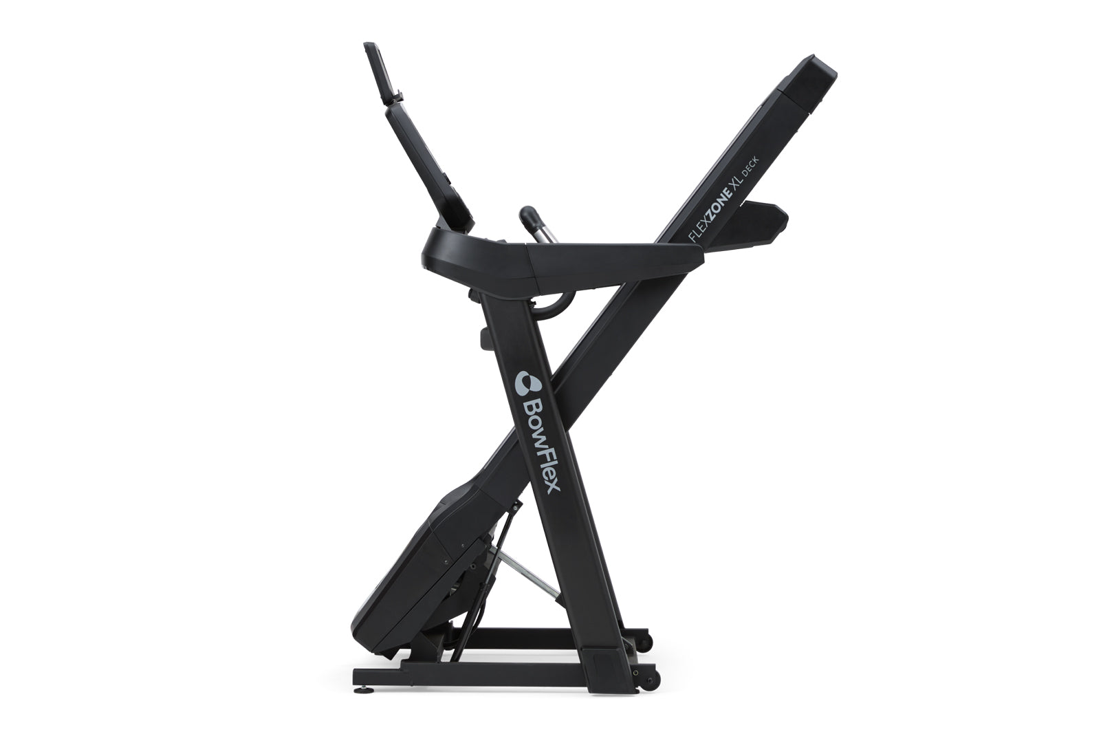 Black BowFlex Treadmill with digital display console, adjustable incline arms, and cushioned running deck on white background
