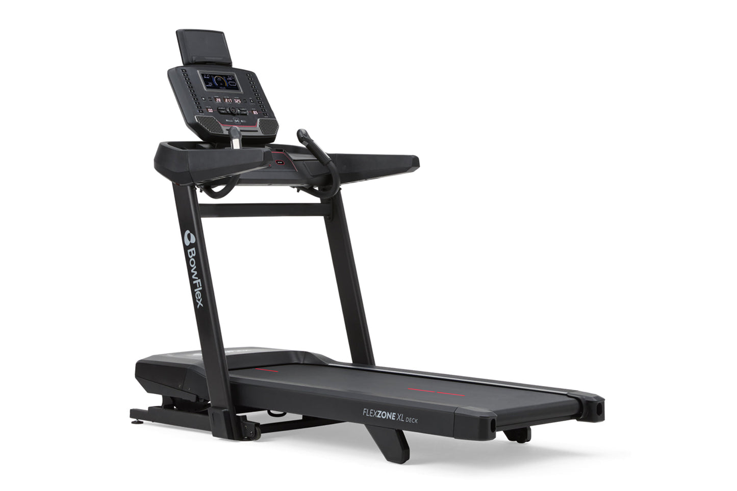 Black Bowflex T9 treadmill with digital console display, cushioned running deck, and handlebars on white background