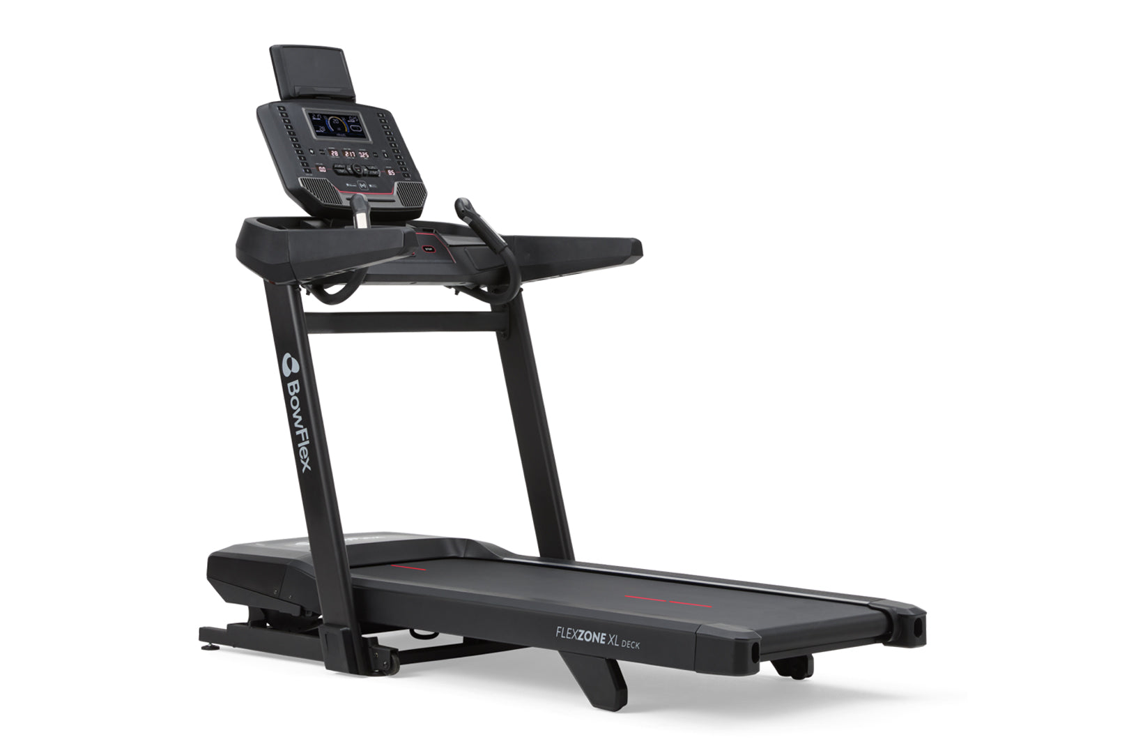 Black Bowflex T9 treadmill with digital console display, cushioned running deck, and handlebars on white background