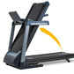 Malibu 223 folding treadmill with dark gray frame, black running deck, digital display, and handrails on white background