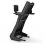Black folding treadmill with dual device holders and incline capability on white background