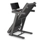 Black folding treadmill with gray frame, digital display screen, and tablet holder on white background