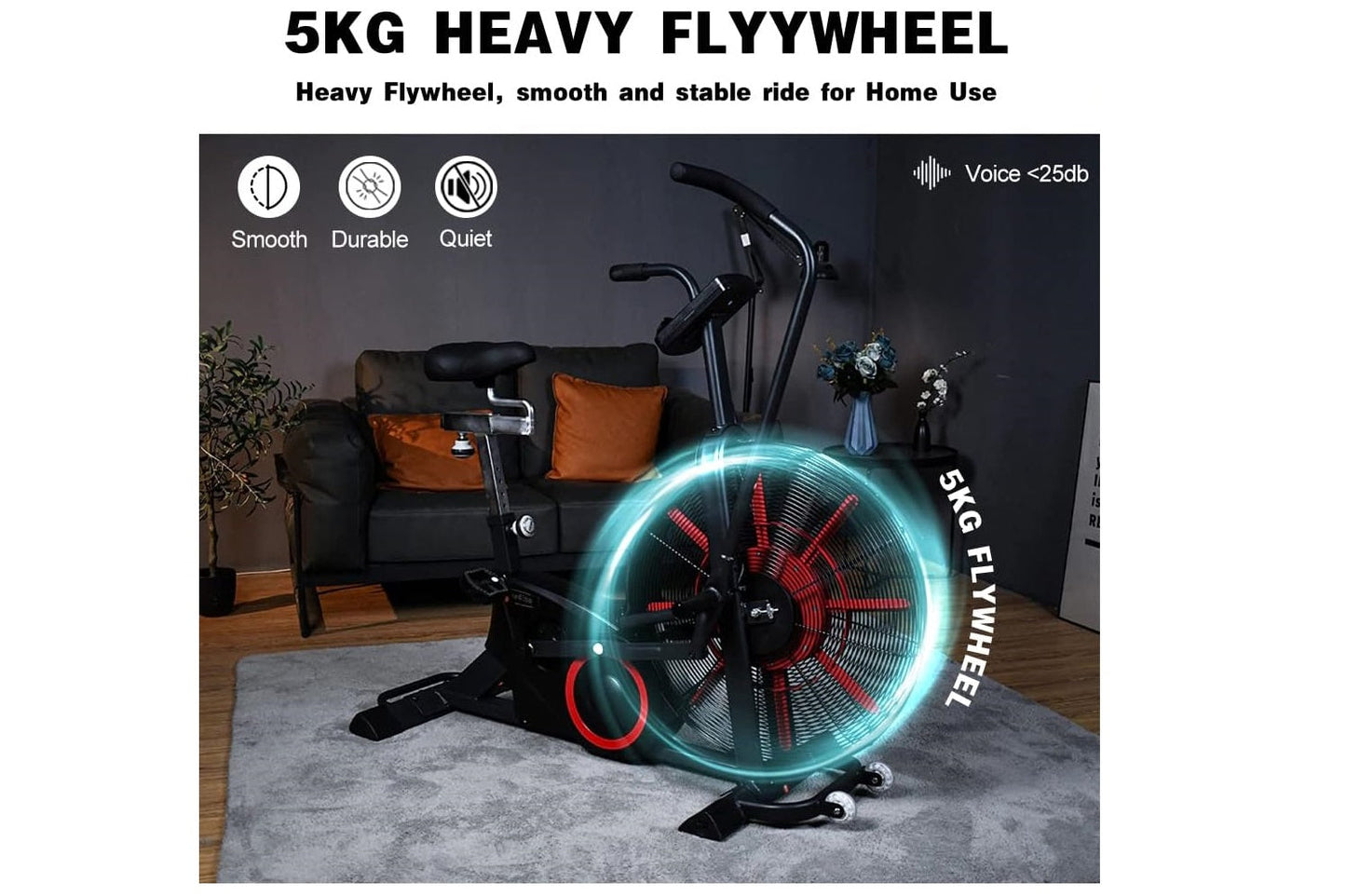 Black stationary exercise bike with red and teal illuminated 5KG flywheel in home setting, featuring smooth ride technology a