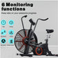 Black and red air exercise bike with large fan wheel, handlebars, and black seat, displayed with infographic showing 6 monito