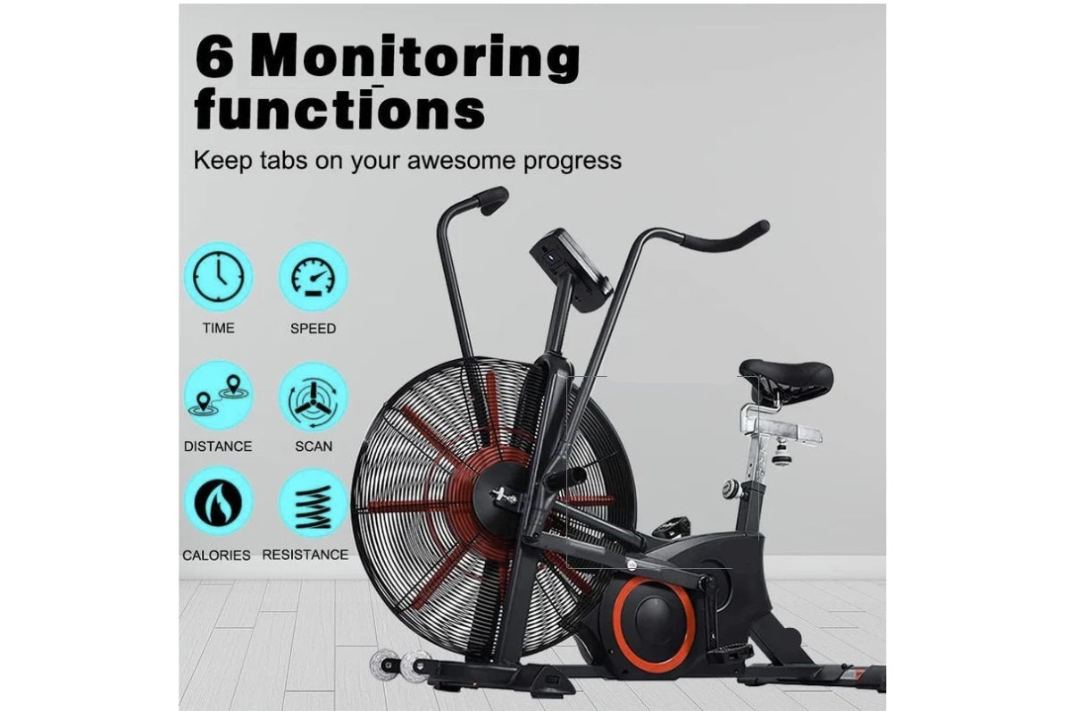 Black and red air exercise bike with large fan wheel, handlebars, and black seat, displayed with infographic showing 6 monito