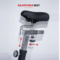 Adjustable black padded seat with metal bracket showing vertical and horizontal adjustment arrows on exercise bike post