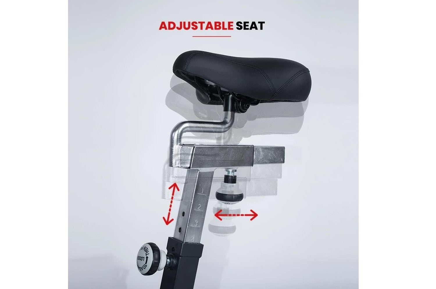 Adjustable black padded seat with metal bracket showing vertical and horizontal adjustment arrows on exercise bike post