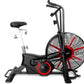 Black and red air exercise bike with large fan wheel, upright handlebars, padded seat, and digital display on white backgroun