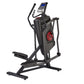 Black elliptical machine with red accent wheel, digital blue display console, and fixed handlebar grips, on white background