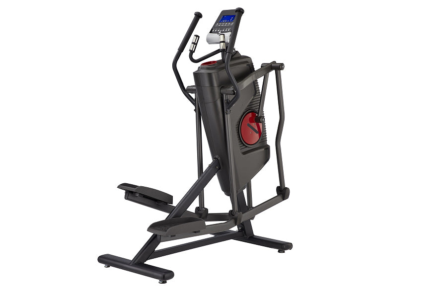 Black elliptical machine with red accent wheel, digital blue display console, and fixed handlebar grips, on white background