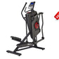 Black elliptical machine with red accents, blue digital display console, and moving handlebars on white background
