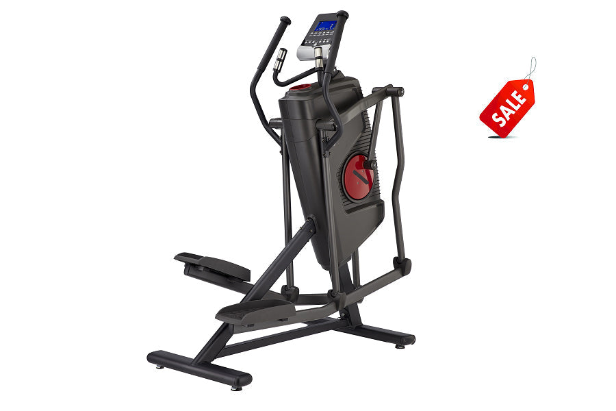 Black elliptical machine with red accents, blue digital display console, and moving handlebars on white background