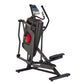 Black elliptical exercise machine with red accents, digital display console, and dual handle bars on white background