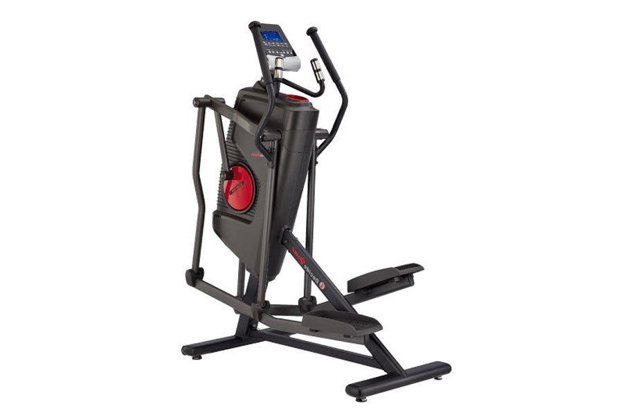 Black elliptical exercise machine with red accents, digital display console, and dual handle bars on white background