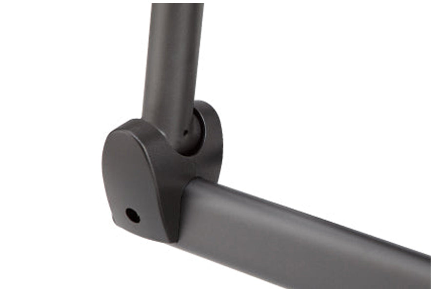 Charcoal gray elliptical machine handlebar and vertical post detail on white background