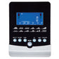 Black and white elliptical machine console with blue digital display showing workout metrics and white control buttons below