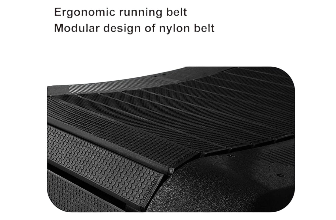 Black ergonomic running belt with modular nylon sections and textured grip pattern, close-up detail view