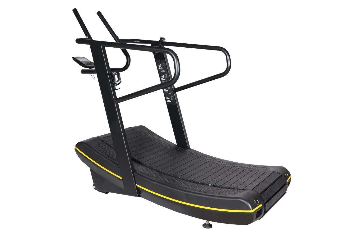 Black curved treadmill with yellow trim, dual handles, and digital display console on white background
