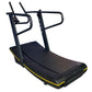 Black curved treadmill with yellow accents, dual handles, and textured running belt on white background