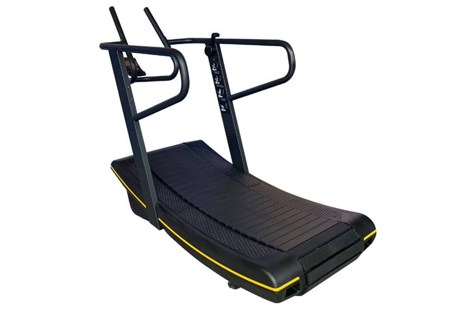 Black curved treadmill with yellow accents, dual handles, and textured running belt on white background