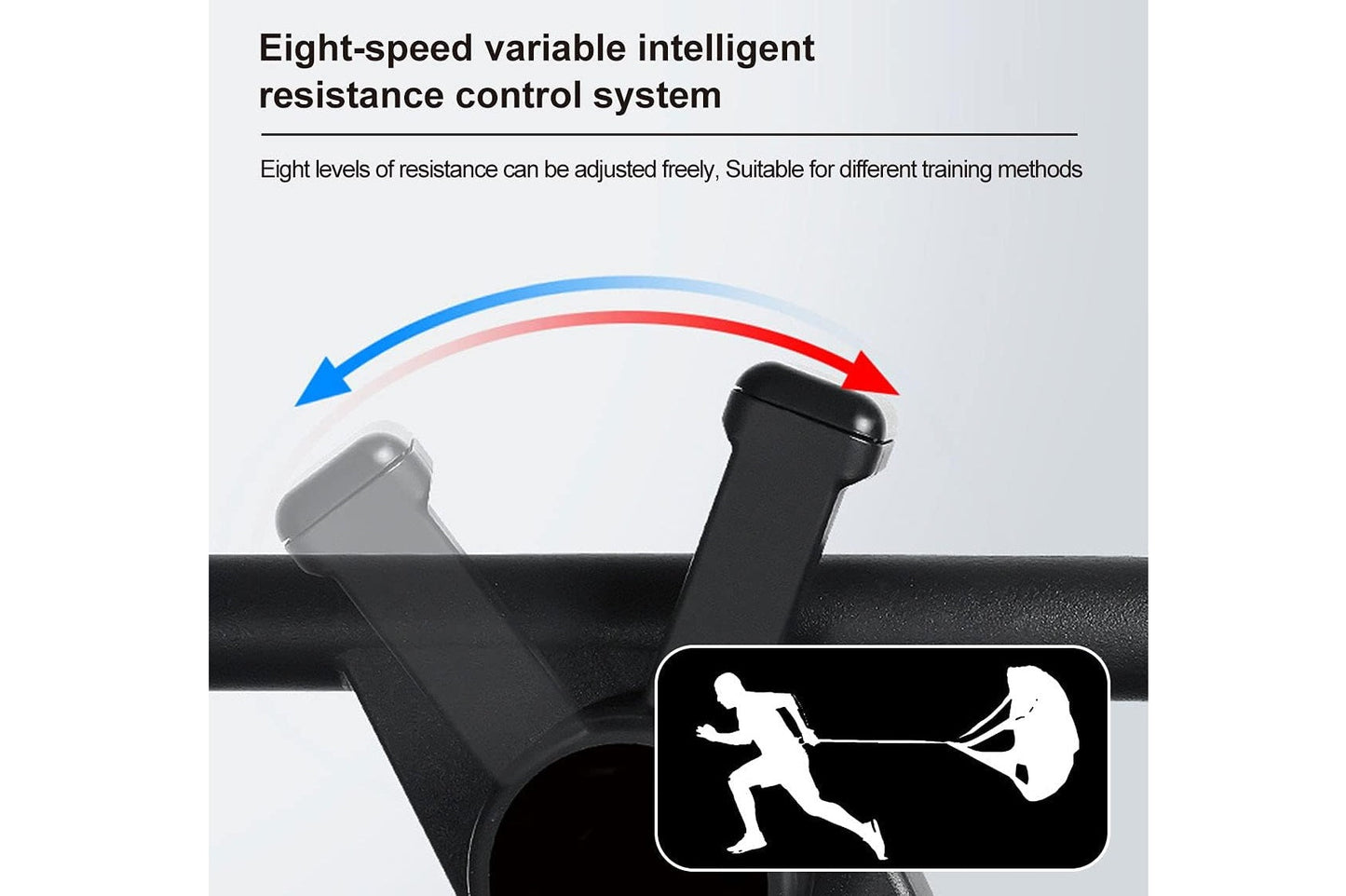 Resistance bands with eight-speed control system showing adjustment arrows and usage demonstration on black background