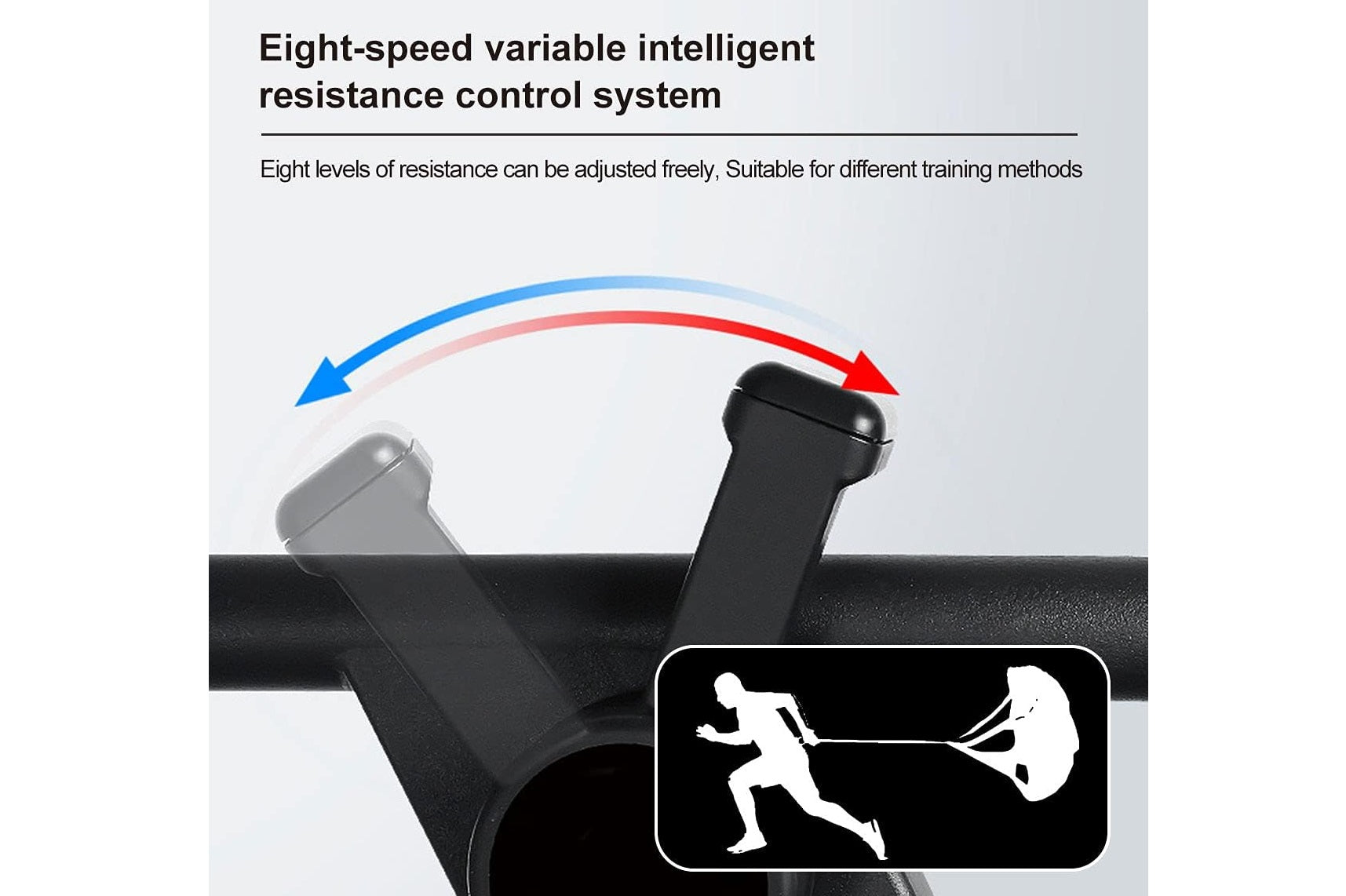 Resistance bands with eight-speed control system showing adjustment arrows and usage demonstration on black background