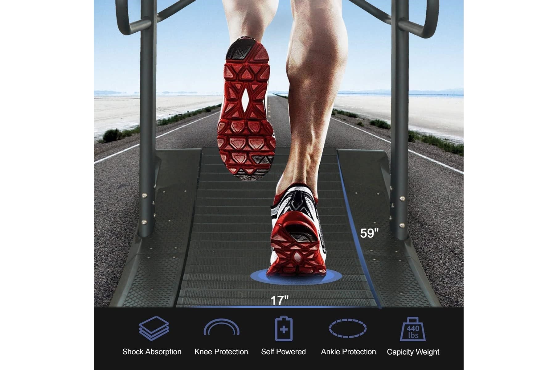 Runner's legs on red and white running shoes on curved treadmill belt with road landscape in background, showing 59 inch heig