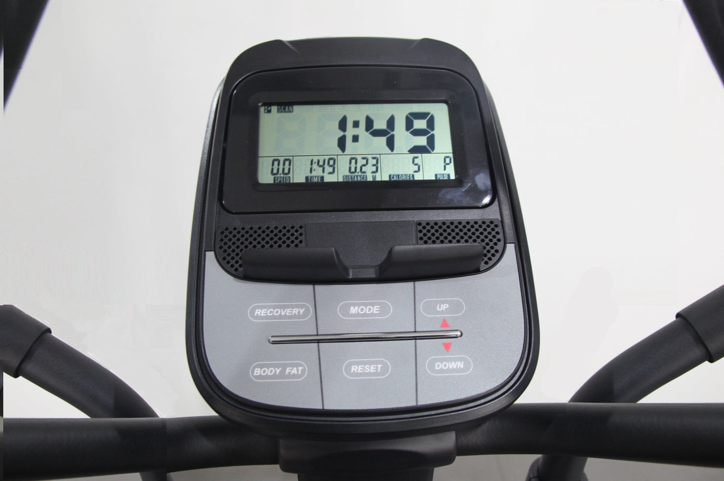 Black and gray elliptical machine console displaying digital time and fitness metrics with labeled control buttons including 