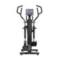 Black elliptical trainer with curved handles, digital console display, and foot pedals on white background