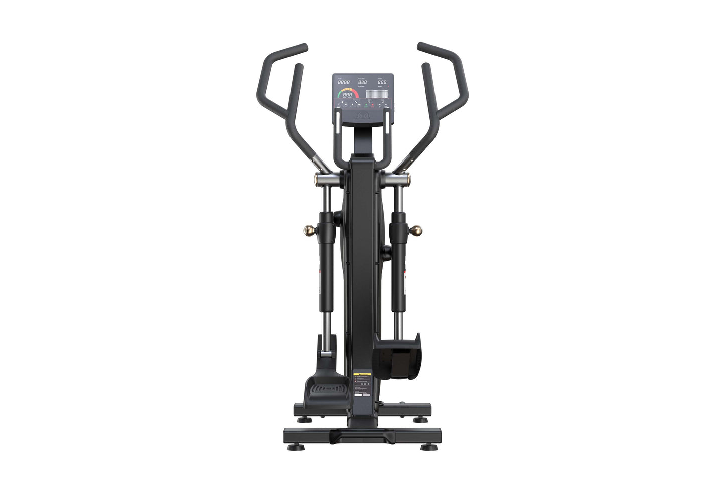 Black elliptical trainer with curved handles, digital console display, and foot pedals on white background