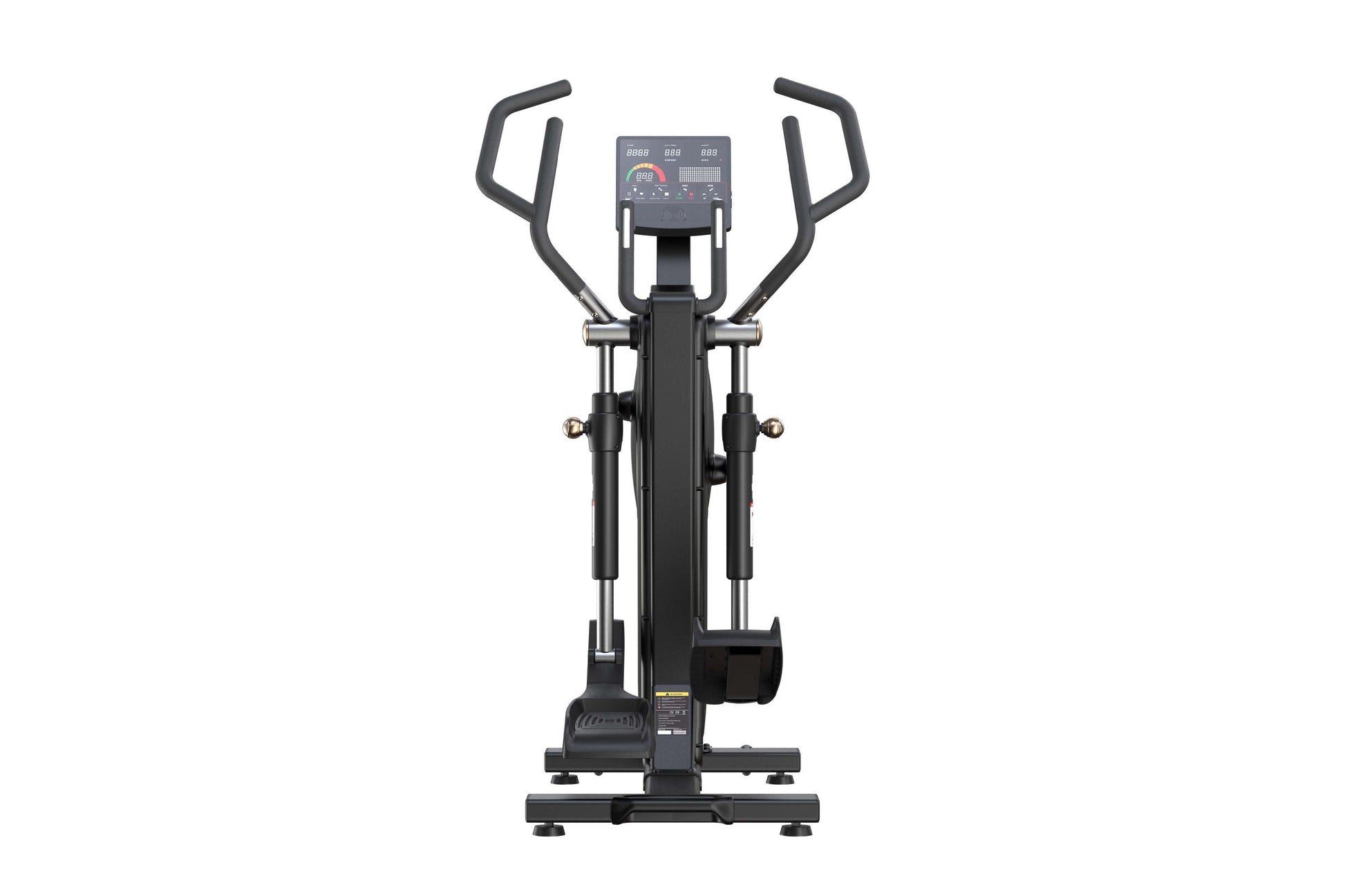 Black elliptical trainer with curved handles, digital console display, and foot pedals on white background