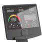 Black elliptical trainer console with digital display showing time, calories, watts, distance, and speed metrics with colorfu