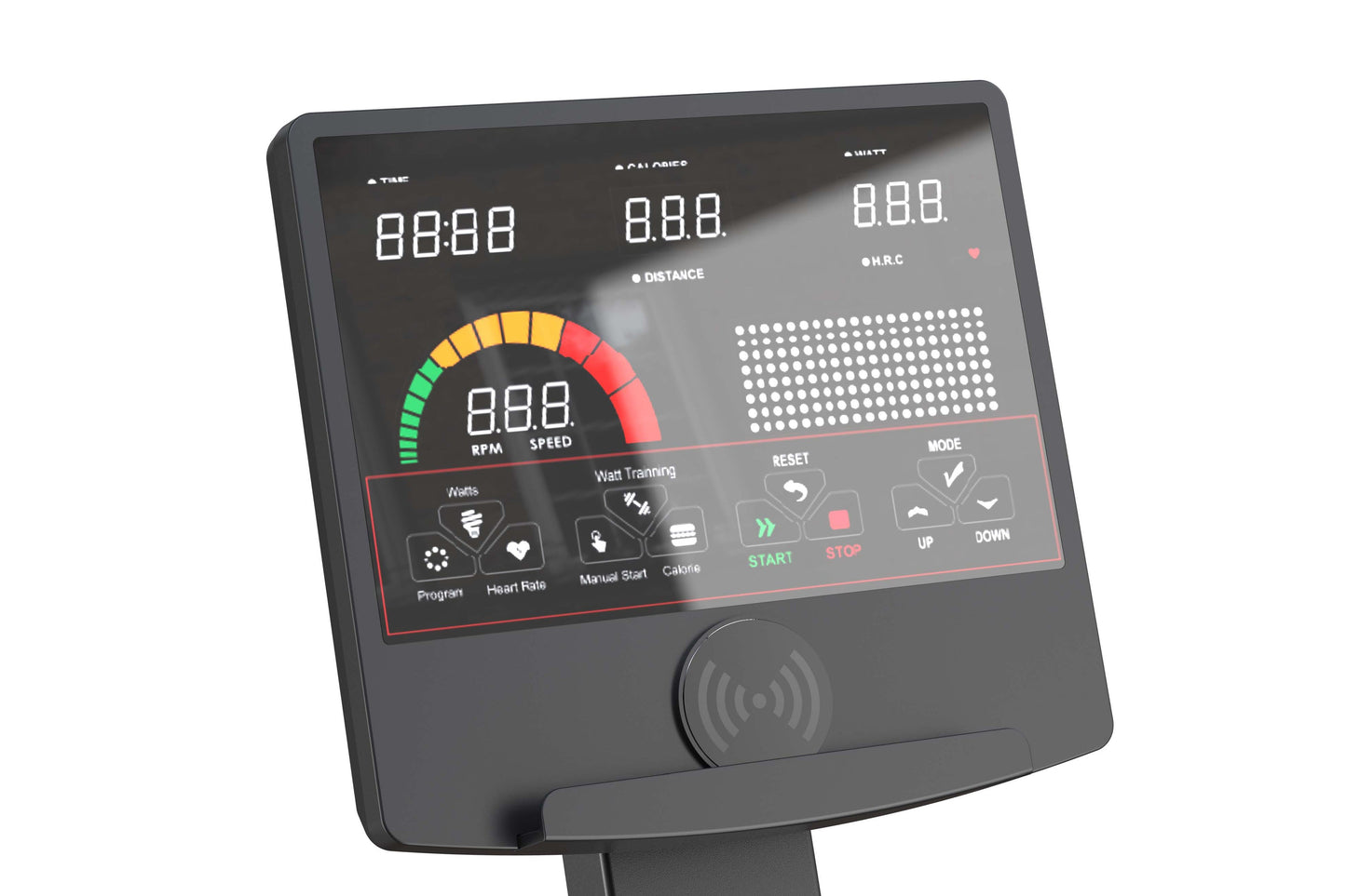 Black elliptical trainer console with digital display showing time, calories, watts, distance, and speed metrics with colorfu
