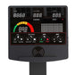 Black elliptical machine console display showing digital readouts for time, calories, watts, distance, heart rate, RPM speed 