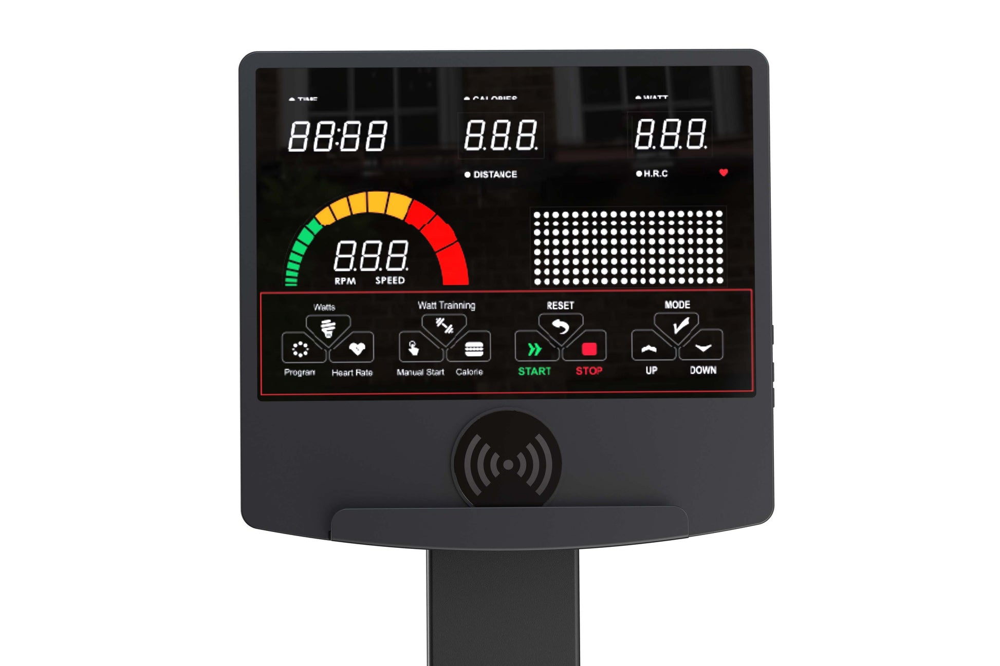 Black elliptical machine console display showing digital readouts for time, calories, watts, distance, heart rate, RPM speed 