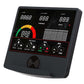 Black exercise bike console with digital display showing time, calories, distance, watts, and RPM speed gauge, plus control b